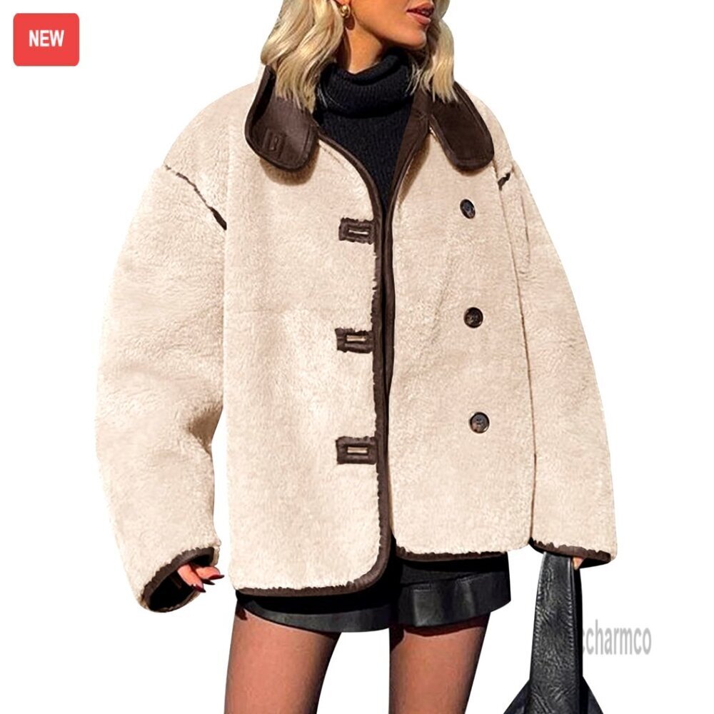 Faux Fur Jacket Winter Cozy Casual Button Down Stand Collar Long Sleeve Shaggy